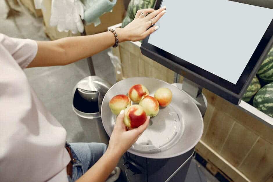 From above of unrecognizable woman touching screen of electronic scales and putting peaches while we