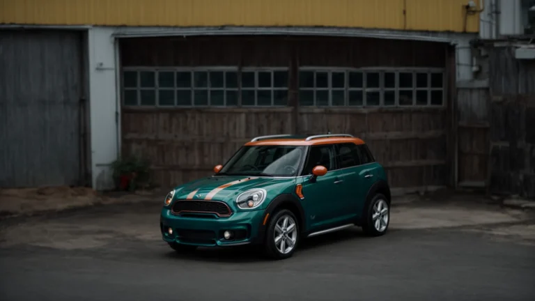 a mini countryman parked beside a mechanic's garage with the hood open.