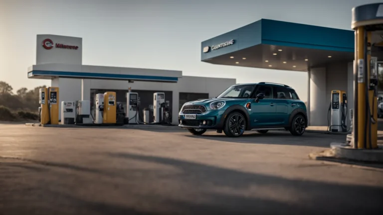 a mini countryman parks at a gas station with the fuel pump nozzle inserted into its tank.